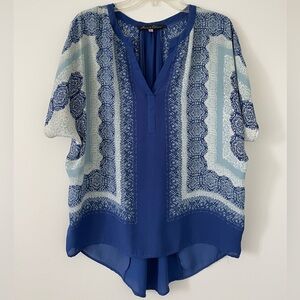 Blue White Patterned Lightweight V-Neck Top Blouse - Size L